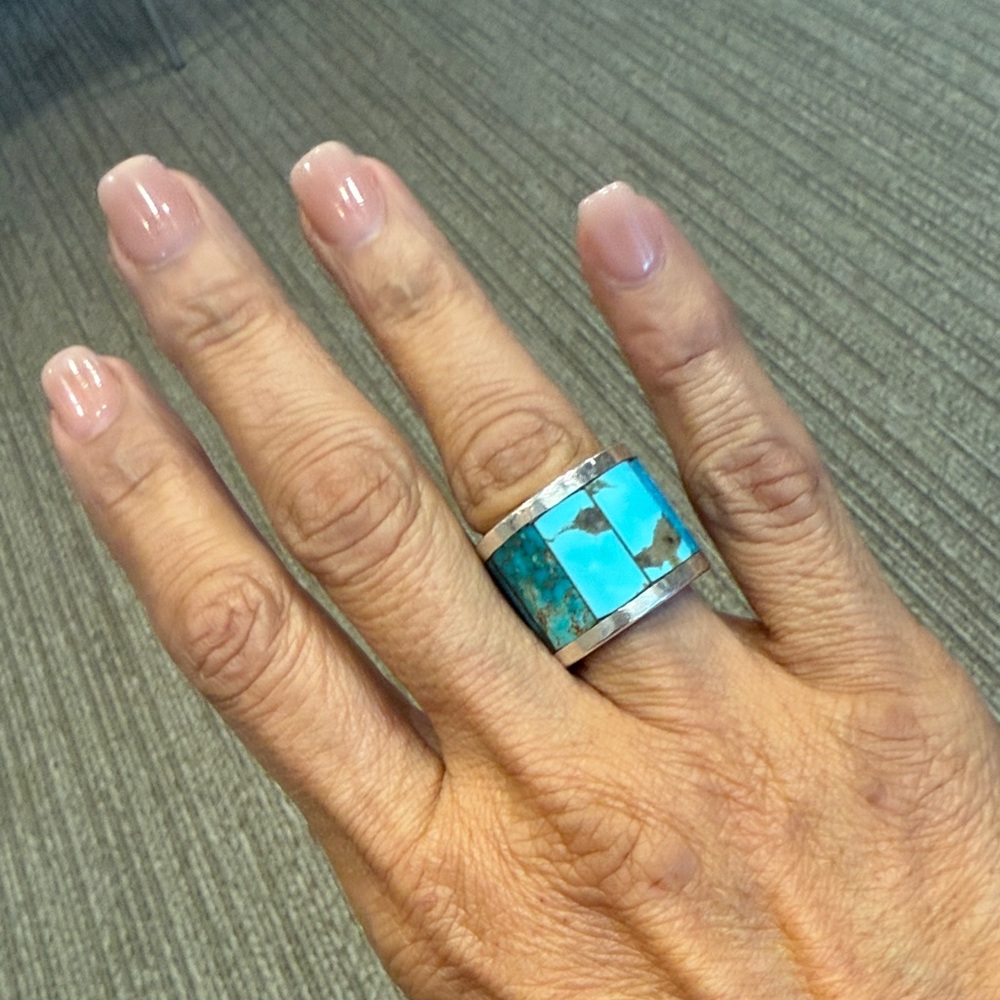 Sterling Silver Turquoise & Coral Inlay Wide Band Ring - Blue & Red. Navajo - Picture 4 of 4